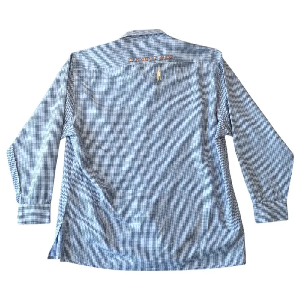 Vintage Gingham Shirt with Amish Folk Art Wagon & Quilt Block Prints - Picture 5 of 6